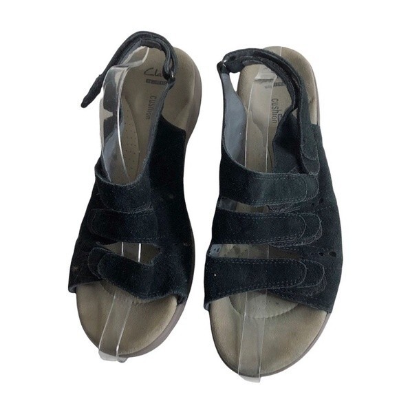 CLARKS COLLECTION Black Suede Soft Cushion 3-Strap Adjustable Sandal Size 12 N - Picture 2 of 9